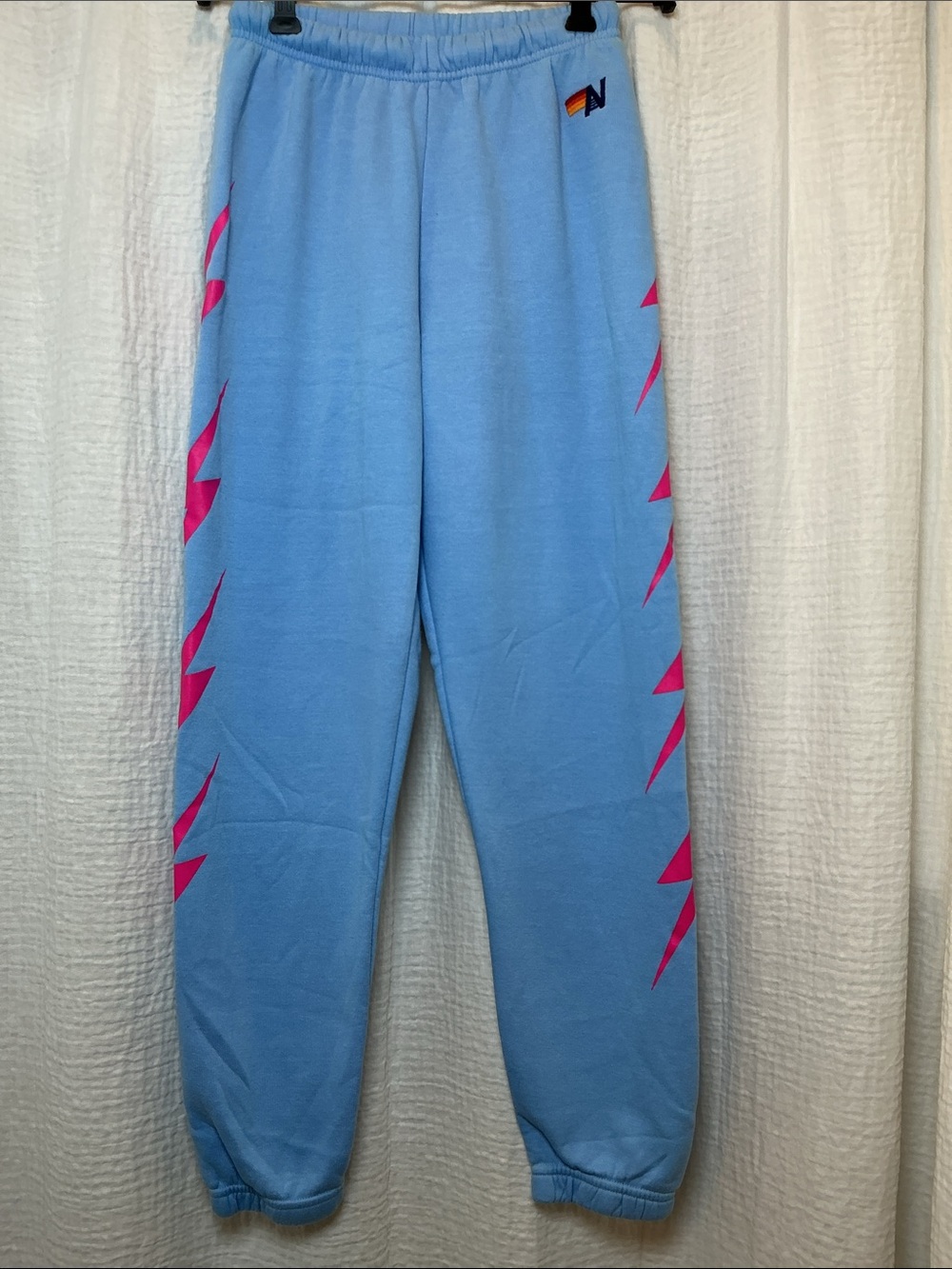 Aviator Nation Lightning Bolt Sweatpants Sky Blue Neon Pink Size XS
